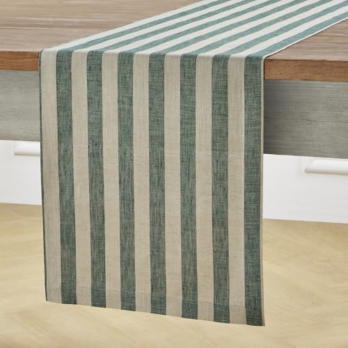 Solino Home 100% Linen Table Runner 14x144 in - Hunter Green & Natural Stripes