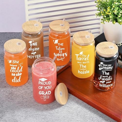 12-Pack Graduation Gift Glass Cups with Lids - 16 oz Commemorative Drinkware