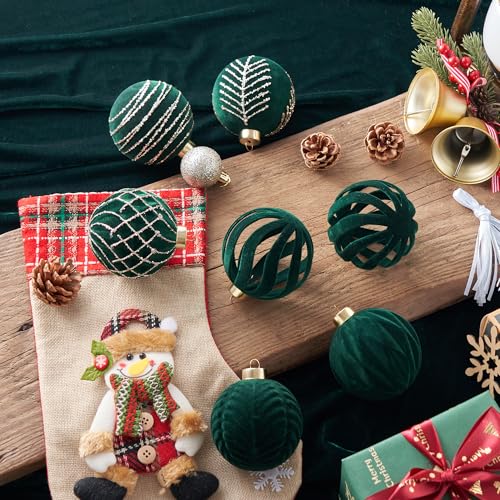 Christmas Balls Ornaments Set 12 Pcs White Flocked Decorations for Xmas Tree Holiday Wreath (Christmas Green & Gold)