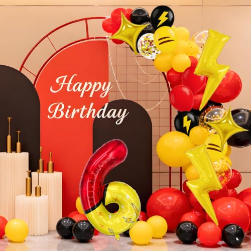Lightning Theme 40 Inch Digit Foil Balloon Set - Red Yellow Black Party Decorations with Star & Lightning Balloons, Indoor Outdoor Celebration Supplies (Variation 6)