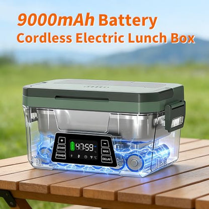 Monteka Cordless Electric Lunch Box - Dark Green, Rechargeable Food Warmer with Scheduled Heating & Keep Warm Function