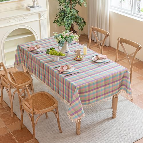 Easter Purple Buffalo Plaid Tablecloth with Tassels - 55x90 Inches, Cotton Linen Blend, Washable, Wrinkle-Free, Spring & Summer Dining Decor