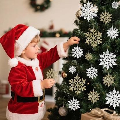 White Gold 36pcs Snowflake Ornaments Set - 4 Sizes, Glitter Plastic Christmas Decorations