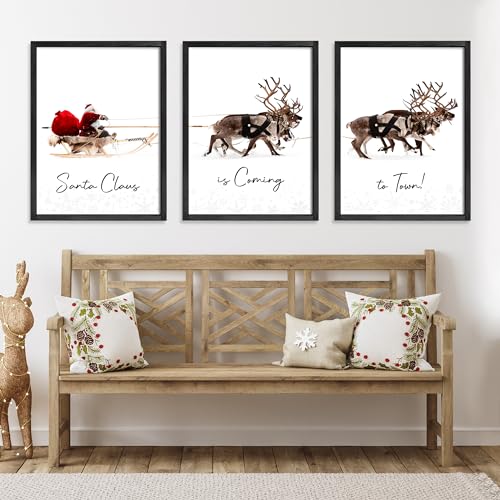 Christmas Wall Art Set of 3 Santa Claus with Sleigh Deer Framed 16x24 Black