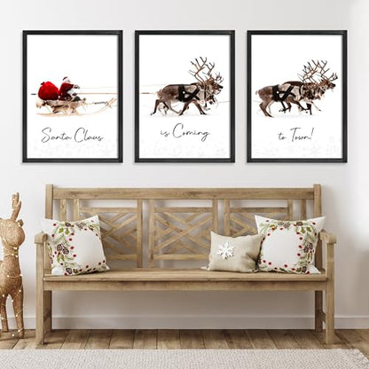 Christmas Wall Art Set of 3 Santa Claus with Sleigh Deer Framed 16x24 Black
