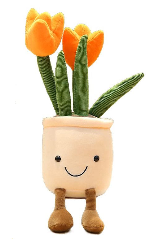 Tulip Plush Toy, 13" Orange Flower Pot Stuffed Throw Plushie Pillow Doll, Soft Fluffy Plant Friend Hugging Cushion - Present for Every Age & Occasion