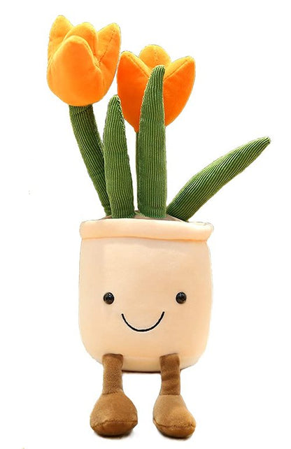 Tulip Plush Toy, 13" Orange Flower Pot Stuffed Throw Plushie Pillow Doll, Soft Fluffy Plant Friend Hugging Cushion - Present for Every Age & Occasion