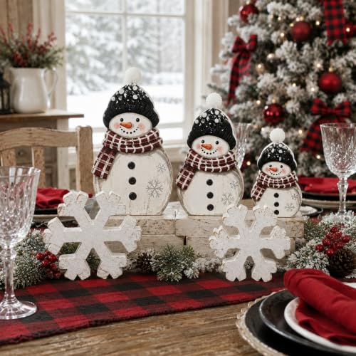 Snowman Christmas Table Decor Set - 5 Pcs Wooden Holiday Figurines with Snowflakes - Black, White, Red / Sweet Variation