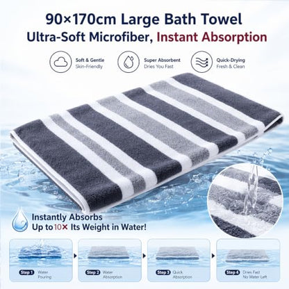 Large Microfiber Bath Towel Set - 4 Soft Quick-Dry 34.6" x 67" Gray