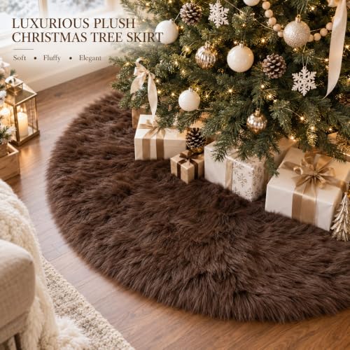 36 Inch Christmas Tree Skirt - Brown Faux Fur Plush Holiday Decor