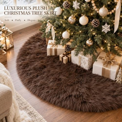 36 Inch Christmas Tree Skirt - Brown Faux Fur Plush Holiday Decor