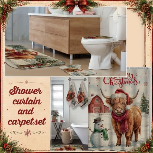 Vesici Waterproof Christmas Shower Curtain Set Highland Cow