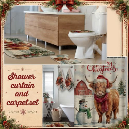 Vesici Waterproof Christmas Shower Curtain Set Highland Cow