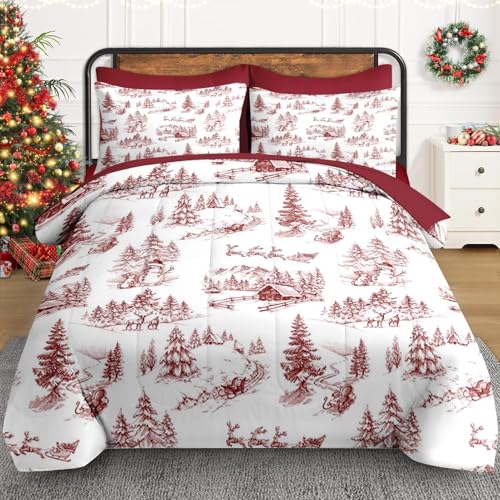 WeCozy Queen Christmas Comforter Set with Sheets - Vintage Holiday 7 Piece Winter Bedding