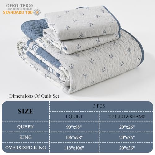 Oversized Cotton King Quilt Set with Botanical Stripe Design - Moonlight Blue/Gray/Off White, 106"x118"