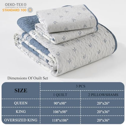 Oversized Cotton King Quilt Set with Botanical Stripe Design - Moonlight Blue/Gray/Off White, 106"x118"