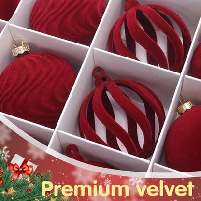 Red Velvet Flocked Christmas Balls Set - 12PCS 2.2-Inch Holiday Ornaments