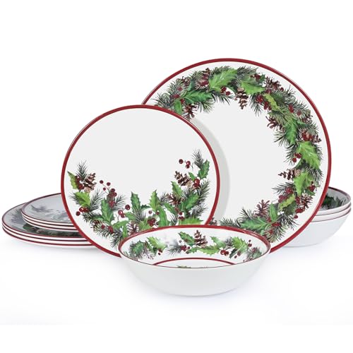 12Pcs Christmas Melamine Dinnerware Set for 4 - Green & Red Garland Style