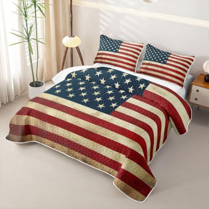 American Flag Quilt Set Star Print Bedspread Queen Lightweight Blanket with Pillowcases - Blue Red Yellow