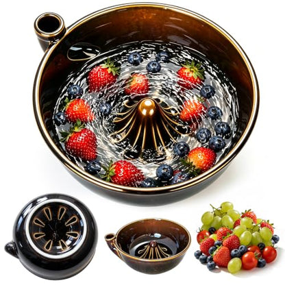 Ceramic Berry Washing Bowl with Auto-Spin Swirl Drainage - Rinse & Serve Fresh Fruits