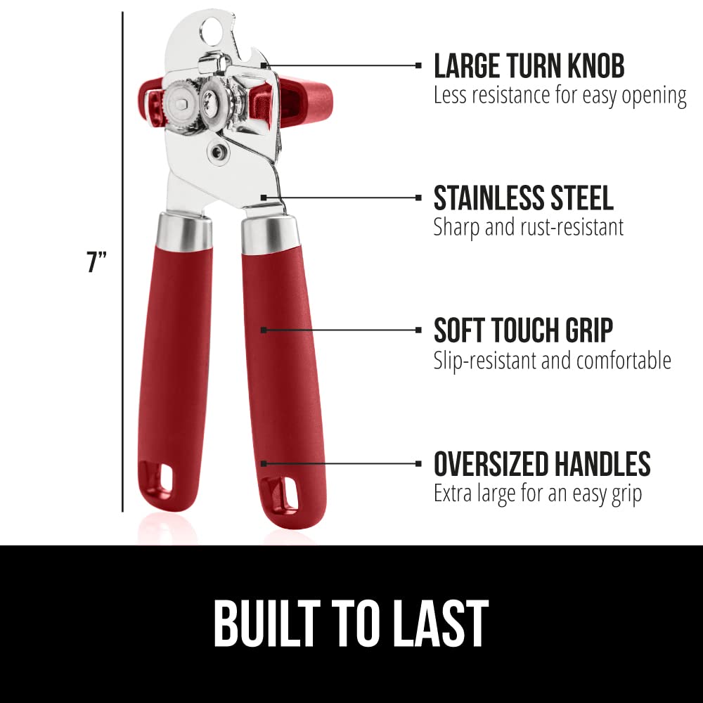 The Original Gorilla Grip Heavy Duty Stainless Steel Smooth Edge Manual Hand Held Can Opener With Soft Touch Handle, Rust Proof Oversized Handheld Easy Turn Knob, Large Lid Openers, Red