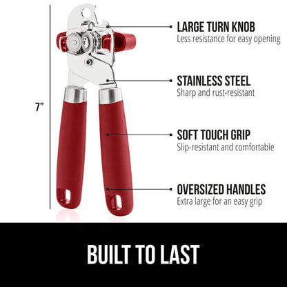 The Original Gorilla Grip Heavy Duty Stainless Steel Smooth Edge Manual Hand Held Can Opener With Soft Touch Handle, Rust Proof Oversized Handheld Easy Turn Knob, Large Lid Openers, Red