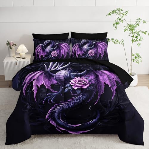 A-Dragon Queen Size Fantasy Dragon Comforter Bedding Set with Sheets & Pillowcases - Purple