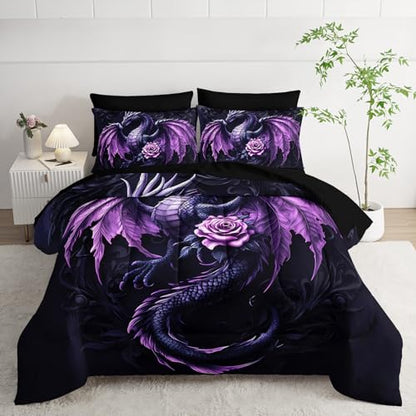 A-Dragon Queen Size Fantasy Dragon Comforter Bedding Set with Sheets & Pillowcases - Purple
