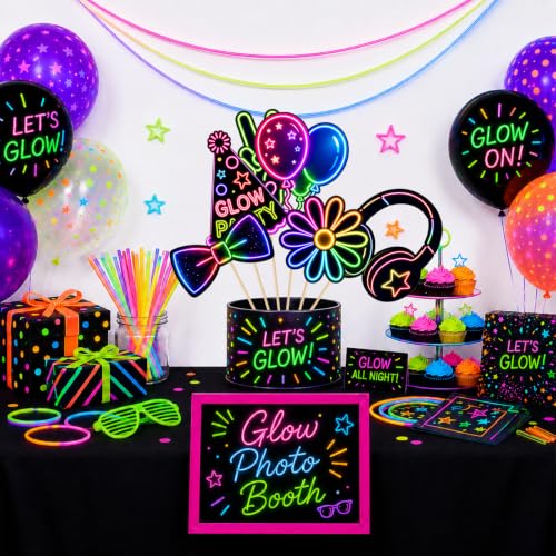 Neon Birthday Selfie Photo Booth Props Set - 26 Glow Party Accessories