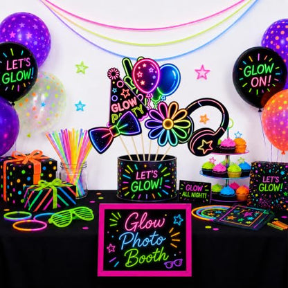 Neon Birthday Selfie Photo Booth Props Set - 26 Glow Party Accessories