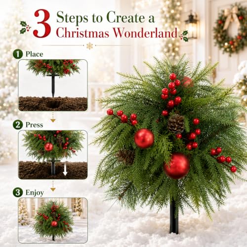 Artificial Christmas Topiary Ball Trees 23 Inch Set of 2 with Red Ornament - Outdoor Decor