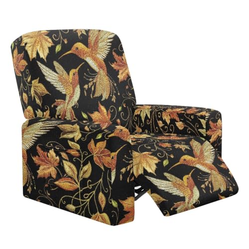 Hummingbird Recliner Chair Cover - Washable Polyester Slipcover with Anti-Slip & Side Pockets - Fits 27-37 Inches