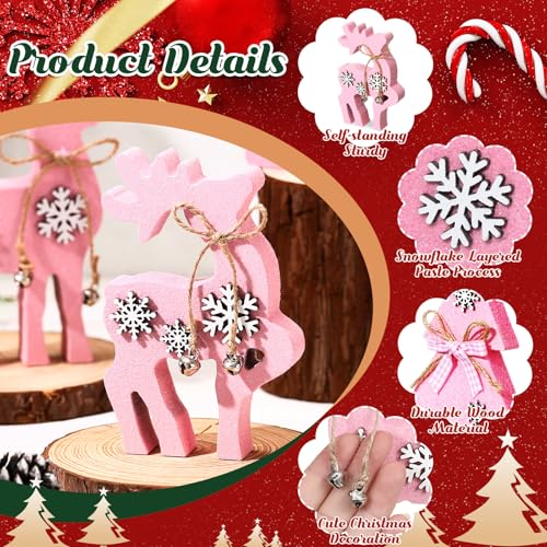 Pink Christmas Reindeer & Tree Wooden Tabletop Decorations - Set of 4
