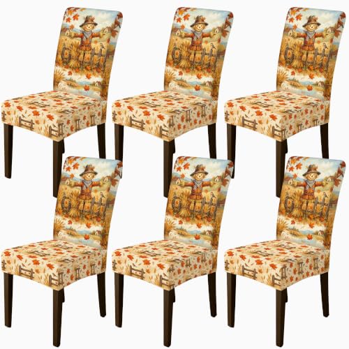 Fall Scarecrow Chair Covers for Dining Chairs 6pcs Orange Spandex Washable