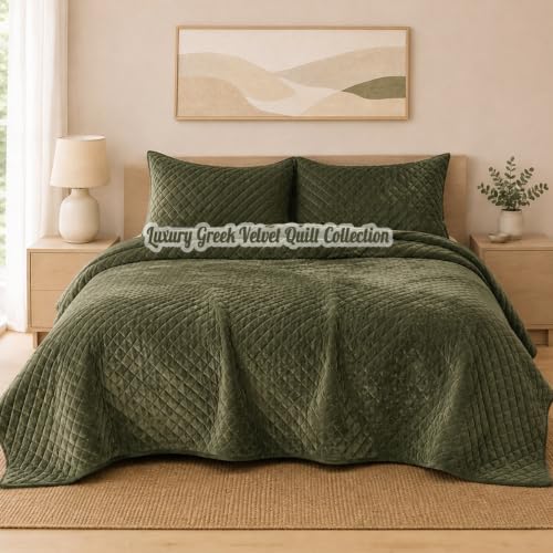 Olive Green Velvet Oversized King Quilt Set 120x128 Bedding Decor