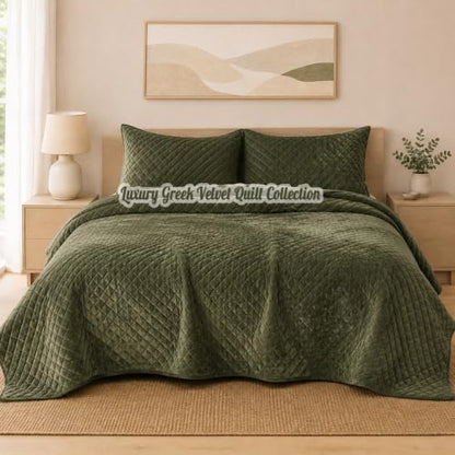 Olive Green Velvet Oversized King Quilt Set 120x128 Bedding Decor