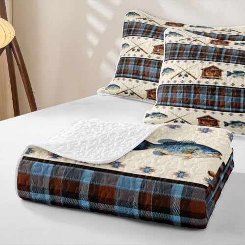Gone Fishing King Size Quilt Set Brown Blue - All-Season Bedspread & Pillowcases