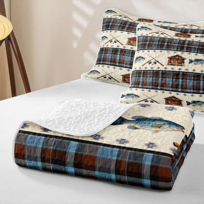 Gone Fishing King Size Quilt Set Brown Blue - All-Season Bedspread & Pillowcases