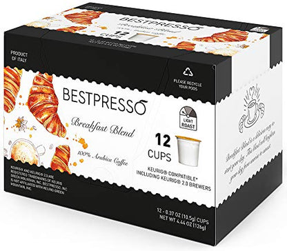 Bestpresso Coffee, Breakfast Blend Light Roast Single Serve K-Cup Pods, 96 Count (Compatible With 2.0 Keurig Brewers) 8 Packs Of 12 Cups