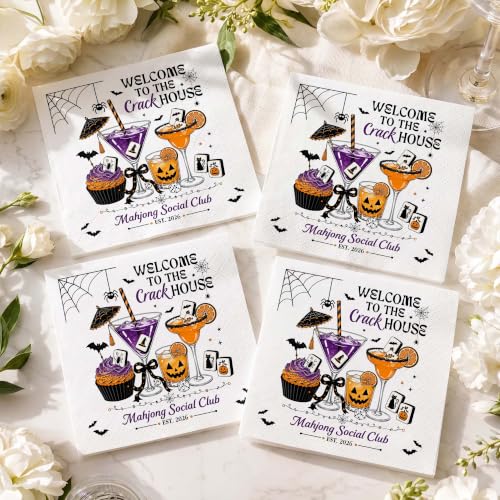 Personalized Halloween Mahjong Cocktail Napkins - Spooky Bat & Mahjong Party Decor