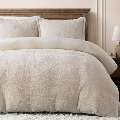 Queen Fleece Comforter Set - Thick Plush Fuzzy Bedding in Oatmeal, Dual-Side Cozy Fabric