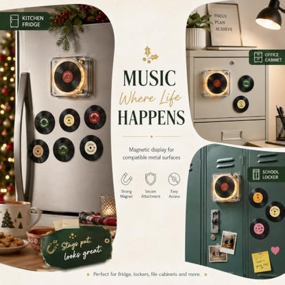 Christmas Fridge Magnet Music Player Set with 9 Vinyl Discs & USB-C - 1 Set