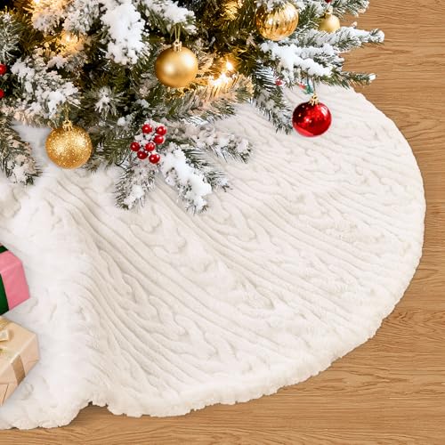 24 Inch Faux Fur Christmas Tree Skirt White Beige Round Holiday Decor - Set of 1