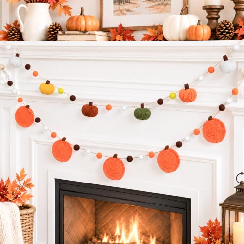 Fall Pumpkin Garland Set - 2 Pack 7.5 Ft Rustic Autumn Decor for Mantel and Wall