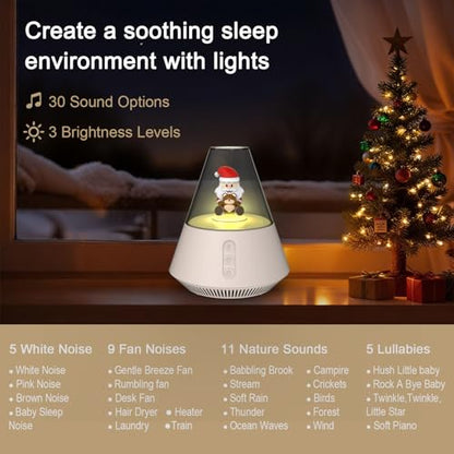 White Noise Machine with Santa & Bear Figurines, Night Light, 30 Soothing Sounds