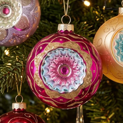 Vintage Glass Christmas Ornaments Set - Red Series, 12 Large 4-Inch Baubles with Glitter Accents