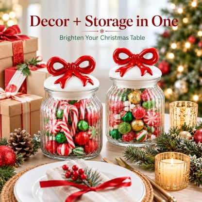 Red Bow Christmas Glass Jar Set with Lids - Holiday Canister Storage