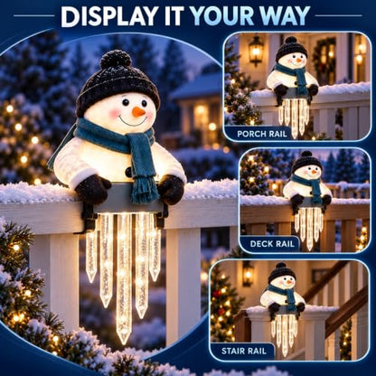 2-Pack Lighted Snowman Railing Decor with Icicle Lights - Winter Holiday