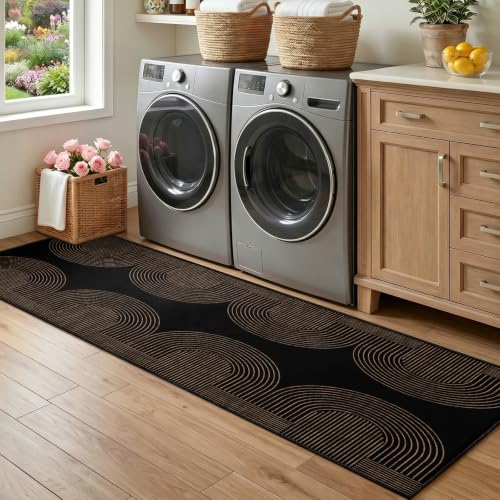 Gold and Black Geometric Runner Rug for Hallway 4x12ft - Non Slip & Machine Washable