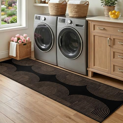 Gold and Black Geometric Runner Rug for Hallway 4x12ft - Non Slip & Machine Washable